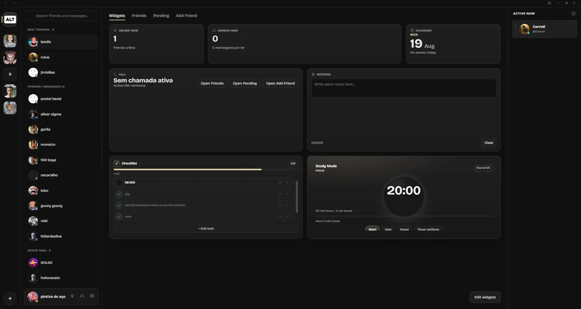 ALTARA dashboard showing the friends sidebar, Online Now, Unread DMs, Calendar, Call widget, Notepad, Checklist, Study Mode focus timer, and Active Now