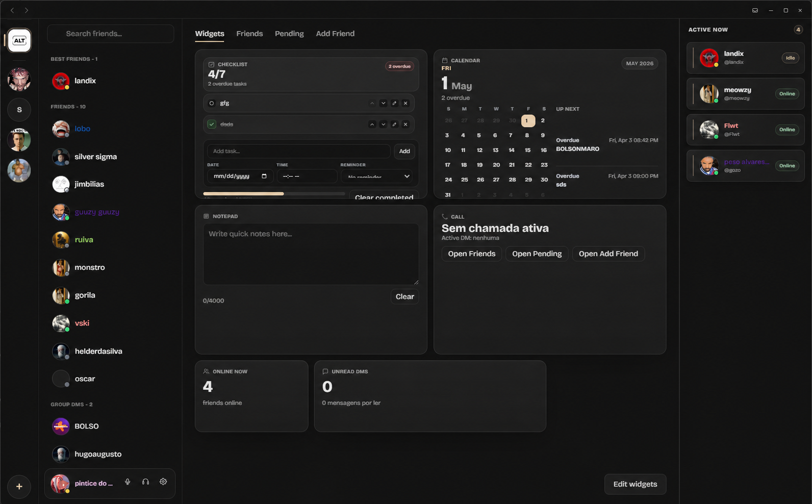 ALTARA home page showing widgets, friends, calendar, notes, calls, unread DMs, and active friends